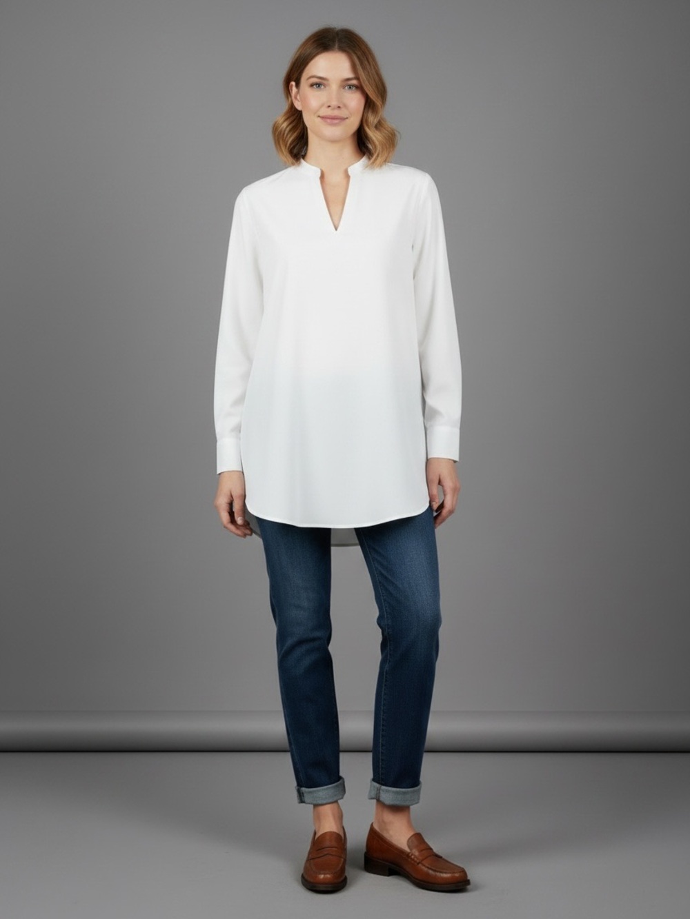 Lands' End White Split-Neck Long Sleeve Tunic
